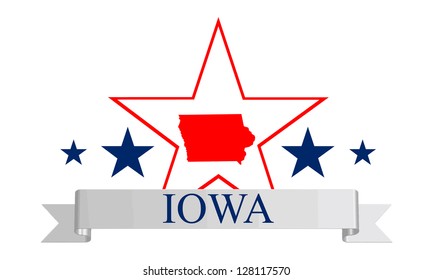 Iowa state map, star and name.