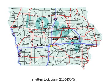 Iowa state road map with Interstates and U.S. Highways. All elements on separate layers for easy editing. Vector EPS-10, no transparency used.