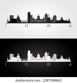 Iowa state skyline and landmarks silhouette, black and white design. Vector illustration.