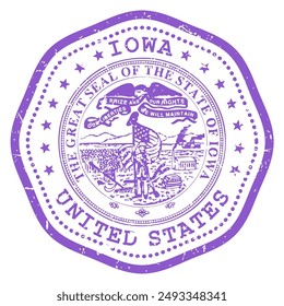 Sello estatal de Iowa con sello, sello de viaje de EE.UU., sello postal en mal estado de Iowa, Vector