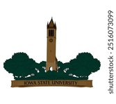 IOWA state university tower illustration with trees. american architecture building city campus iowa state. memorial union pillar symbol. 