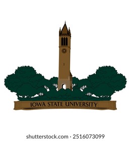 ilustração da torre da universidade estadual de IOWA com árvores. arquitetura americana construindo cidade campus estado de iowa. memorial união pilar símbolo. 