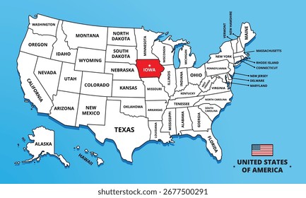 Staat Iowa, USA. Markierte Karte auf Iowa. Bearbeitbare leere Vektorkarte der USA