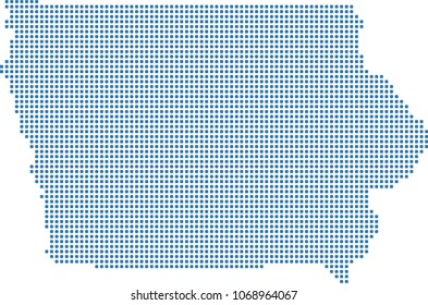 Iowa state of USA map dots vector outline illustration in blue background. Dotted map of Iowa state of United States of America. Creative pixel art map with highly detailed border 