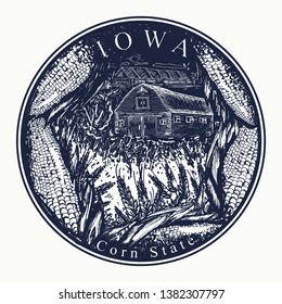 Iowa. Tattoo and t-shirt design. Welcome to Iowa (USA). Corn state slogan. Travel concept 