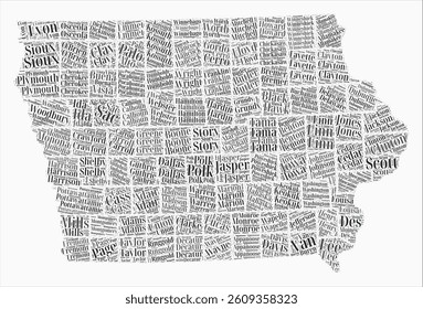 Iowa Text Style Counties. State region names word clouds in English language. Elegant vector illustration.