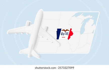 Iowa Travel Illustration with Plane and National Flag. Ideal for travel agencies, promotional materials, or geographic content related to Iowa.