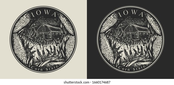 Iowa. United States of America (USA). Corn state slogan. Travel and tourism concept. Template for clothes, t-shirt design. Vector illustration 