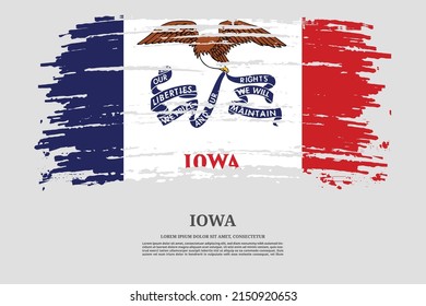 Iowa US flag with brush stroke effect and information text poster, vector background