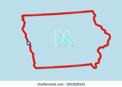 Iowa US state bold outline map. Glossy red border with soft shadow. Two letter state abbreviation. Vector illustration.