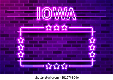 Iowa US State glowing purple neon lettering and a rectangular frame with stars. Realistic vector illustration. Purple brick wall, violet glow, metal holders.