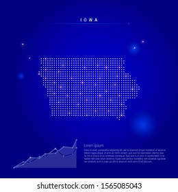 Iowa US state illuminated map with glowing dots. Infographics elements. Dark blue space background. Vector illustration. Growing chart, lorem ipsum text.