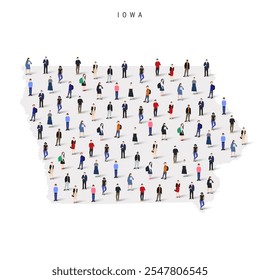 Iowa US state population map. Large group of realistic a diverse crowd of people figures. Flat vector illustration isolated on white.