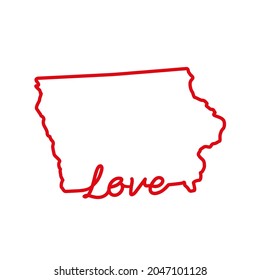 Iowa US state red outline map with the handwritten LOVE word. Continuous line drawing of patriotic home sign. A love for a small homeland. Interior decoration idea. Vector illustration.