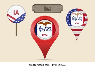 Iowa US state round flag. Map pin, red map marker, location pointer. Hanging wood sign in vintage style. Vector illustration. American stars and stripes flag. Two-letter state abbreviation.