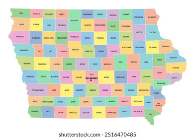 Iowa, US-Bundesstaat, unterteilt in 99 Bezirke, mehrfarbige politische Karte mit Hauptstadt Des Moines, Grenzen und Bezirksnamen. Mittlerer Westen der Vereinigten Staaten, auch Hawkeye State genannt.