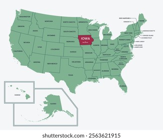 Iowa, USA. Editable isolated blank vector map of United states, highlighted at state of Iowa.