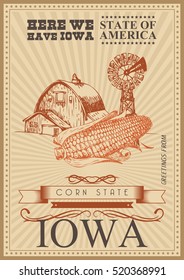 Iowa vector card. United States of America greeting travel poster. 