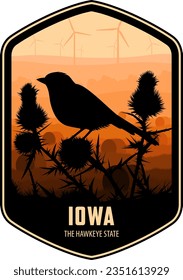 Iowa vector label with eastern goldfinch on thistle and field with hay bales and wind turbines