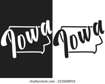 Iowa vector logo. Set of black and white emblems of the USA. Illustration of the name of the US state. Image with inscription and outline of the territory of the United States of America.