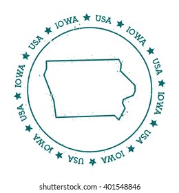 Iowa vector map. Retro vintage insignia with US state map. Distressed visa stamp with Iowa text wrapped around a circle and stars. USA state map vector illustration.