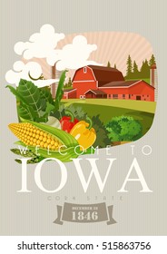 Iowa vector poster. USA banner with state symbols. United States of America card.