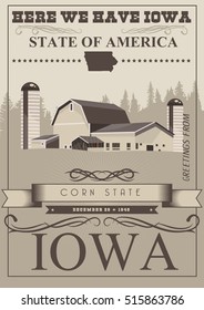 Iowa vector poster. USA banner with state symbols. United States of America card.