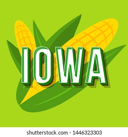 Iowa vintage 3d vector lettering. Retro bold font, typeface. Pop art stylized text. Old school style letters. 90s, 80s poster, banner, t shirt typography design. Lime color background with corn