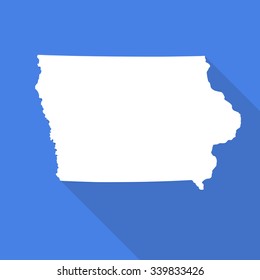 Iowa white map,border flat simple style with long shadow on blue background