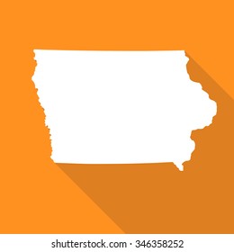 Iowa white map,border flat simple style with long shadow on orange background