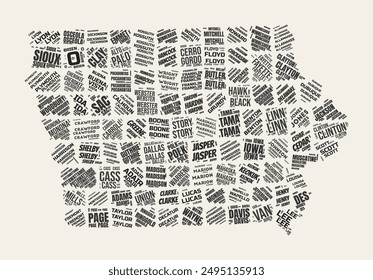 Iowa Word Cloud. State with counties division. Iowa typographic text clouds vector image design. Vintage gazette style state shape image. Stylish vector illustration.