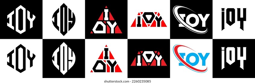 IOY letter logo design in six style. IOY polygon, circle, triangle, hexagon, flat and simple style with black and white color variation letter logo set in one artboard. IOY minimalist and classic logo