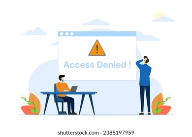 IP address concept, 404 error page, access denied, account block, little person confused with access denied. Illustration for websites, landing pages, mobile apps, posters and banners.