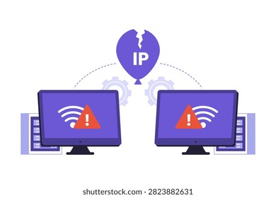 IP Address Conflict System Error Network Issue Vector. A flat vector graphic depicting a broken IP icon between two computers, showing an IP conflict. Excellent for IT troubleshooting guides