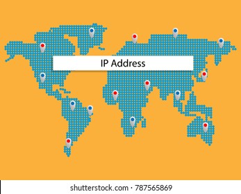 IP Address And Data And Networks World Background. Abstract Vector Futuristic IP Map. Technological Background. Background For Graphic, Banners,Presentations, Reports. Vector Illustration.
