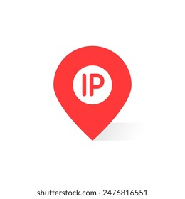 IP-Adresse-Symbol mit rotem Map-Pin-Punkt. Einfache flache Grafik Trend Modernes Design Abstraktes VPS-LogoTyp-Element isoliert auf Weiß. Konzept der einfachen und schnelle Suche der Internet-Protokoll-Lage