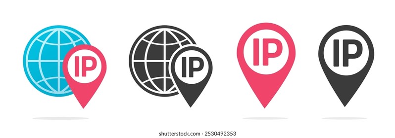 Ip-Adresse Standort Symbol Karte Pin Zeiger Vektor einfache Grafik Piktogramm Illustration Set, Welt Website Netzwerk Internet-Technologie Zeichen Symbol rot schwarzes Etikett Bild Clip Art