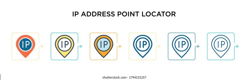 Ip address point locator vector icon in 6 different modern styles. Black, two colored ip address point locator icons designed in filled, outline, line and stroke style. Vector illustration can be