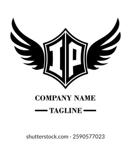 IP bold shield logo with wings, customizable with letters A to Z. Perfect for brands seeking a powerful symbol of strength, freedom, and ambition