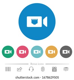 IP camera flat white icons on round color backgrounds. 6 bonus icons included.