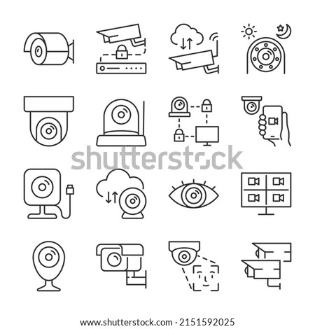 IP camera icons set. Security video surveillance, video recording, remote video recording, data storage, linear icon collection. Line with editable stroke