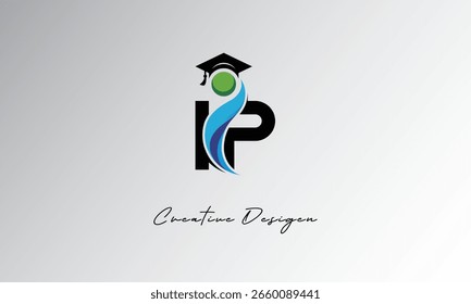 IP Creative Letter Logo with Graduation Cap and Abstract Human – Modern Education and Learning Symbol Design	