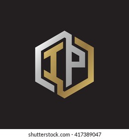 IP initial letters looping linked hexagon elegant logo golden silver black background