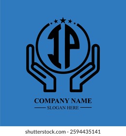 IP initials held within hands, symbolizing trust and protection. The circle represents unity, while stars highlight excellence and ambition.