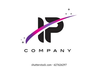 IP I P Black Letter Logo Design with Purple Magenta Swoosh and Stars.