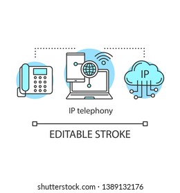 IP Telephony Concept Icon. Telephone Communication Idea Thin Line Illustration. Internet Video Chat. Computer Software. CRM System. Vector Isolated Outline Drawing. Editable Stroke