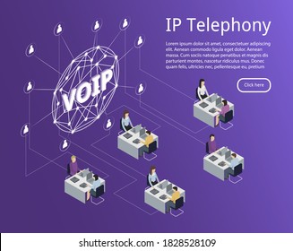 IP telephony configuration diagram in isometric view. An IP Company Website Page Template Demonstrating the Possibility of IP Telephony for Business - Calls from Anywhere and to anywhere in the World