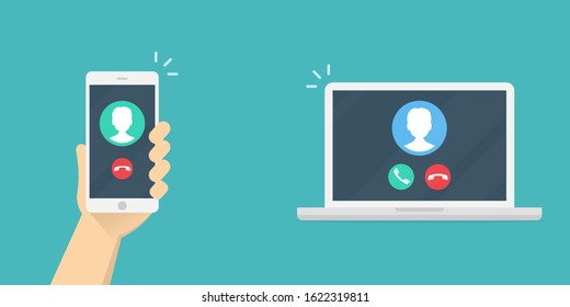 IP telephony. Hand holding smartphone in outgoing call on screen, laptop with incoming call on screen. Internet call. VoIP technology. Stock vector illustration.10 eps.