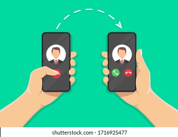 IP-Telefonie. Hand, die Smartphone im ausgehenden Anruf auf dem Bildschirm hält, Handy mit Anruf auf dem Bildschirm. Internetanruf. VoIP-Technologie. Vektorillustration