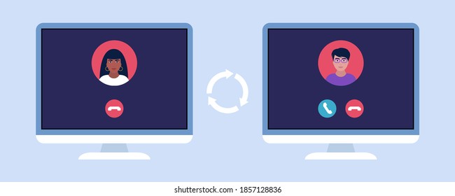 IP telephony. Internet Call. Computer with incoming call with outgoing call. Colorful flat vector illustration.
